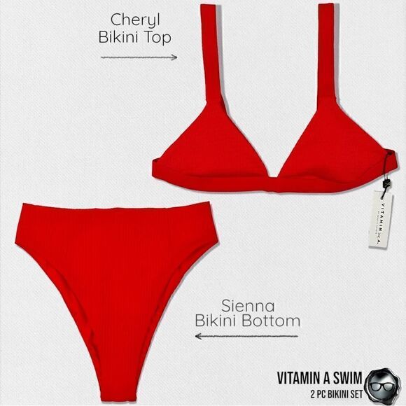 VITAMIN A SWIM BIKINI SET: CHERYL TOP + SIENNA HIGH WAIST BOTTOM IN MARISOL RED - Picture 14 of 15